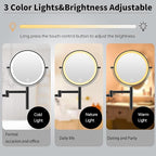 8" Wall Mounted Makeup Mirror with Handle, 3 Color Lights Dimmable and 1X/10X Magnification, Rechargeable Bathroom Wall Mount Magnifying Mirror with Extension Arm Height Adjustable Black