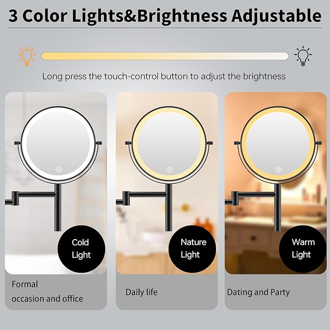 8" Wall Mounted Makeup Mirror with Handle, 3 Color Lights Dimmable and 1X/10X Magnification, Rechargeable Bathroom Wall Mount Magnifying Mirror with Extension Arm Height Adjustable Black