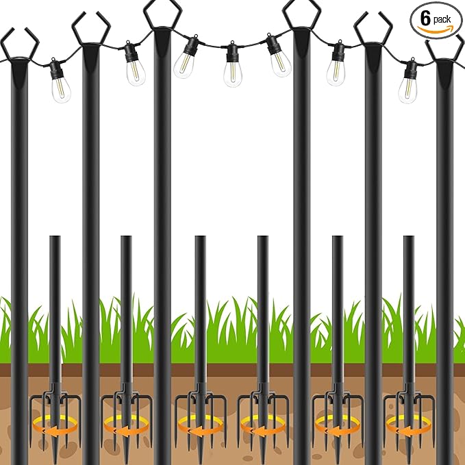6 Pack 10Ft String Poles, Poles for Outside String Lights,Outdoor with Fork,Metal Poles Stand for Patio,Backyard,Deck