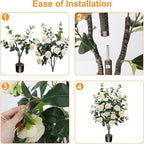3.6FT Artificial Camellia Fake Tree, Artificial Plants & Flowers with 32 Yellow Pink Flowers for Door Front Decoration Porch Patio Living Room Office Indoor Outdoor Decoration (Contains Dried Moss)
