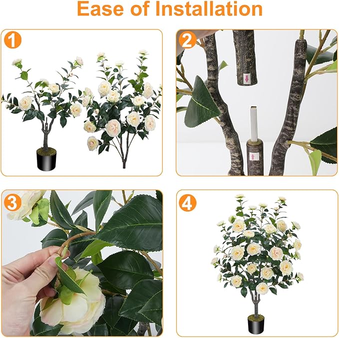 3.6FT Artificial Camellia Fake Tree, Artificial Plants & Flowers with 32 Yellow Pink Flowers for Door Front Decoration Porch Patio Living Room Office Indoor Outdoor Decoration (Contains Dried Moss)