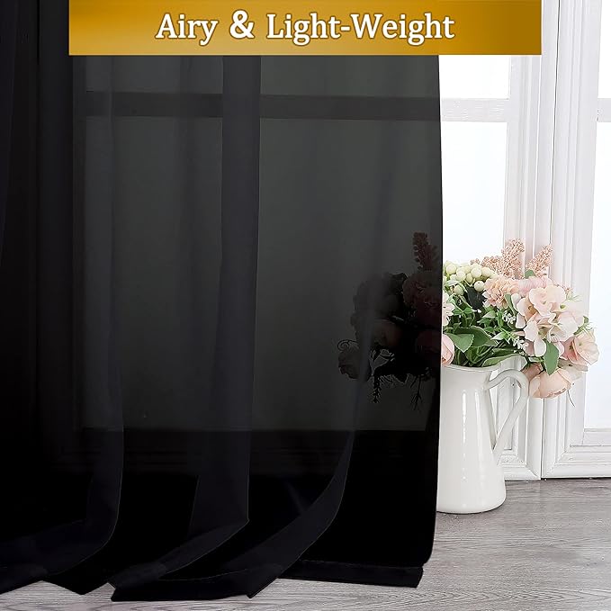 Aiyufeng Black Sheer Curtains for Windows 54 inch Long 2 Panel Set, Rod Pocket Soft Voile Sheer Classic Window Treatment with Light Through for Bedroom/Living Room, 40W x 54L, 2-Pack