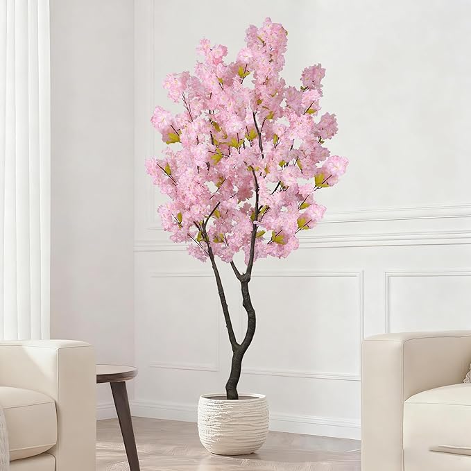 Artificial Pink Cherry Blossom Tree 6.5ft(78in) Faux Japanese Sakura Indoor Decor Handmade Natural Fake Cherry Flowers Tree for Home Realistic Pink Plant in Pot for Living Room,Office,Outdoor Decor