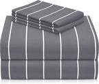 LuxClub 4 PC Queen Size Sheet Set Bed Sheets, Breathable Luxury Deep Pockets 16" Wrinkle Free Cooling Sheets Machine Washable Hotel Bedding (Queen, Striped Light Grey)