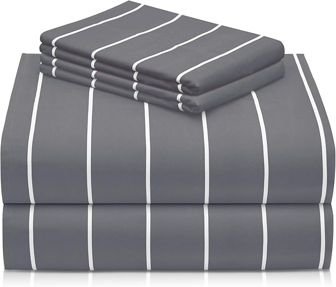 LuxClub 4 PC Queen Size Sheet Set Bed Sheets, Breathable Luxury Deep Pockets 16" Wrinkle Free Cooling Sheets Machine Washable Hotel Bedding (Queen, Striped Light Grey)