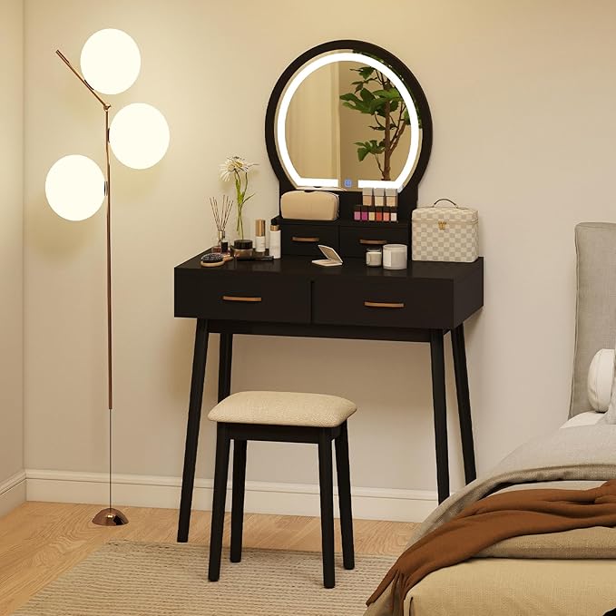 CHARMAID Vanity Desk with Mirror and Lights, Modern Makeup Vanity Table with 4 Drawers, 3-Color Dimmable LED Mirror, Girls Dressing Table and Stool Set for Small Bedroom (Black)