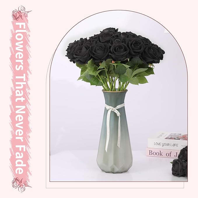 52 PCS Black Artificial Roses Bulk, Fake Artificial Flowers Bridal Bouquet Silk Faux Rose with Stems for Wedding Flowers Decoration, Valentine's Day, Bridal Bouquet, Anniversary, Home Decor (52PCS)