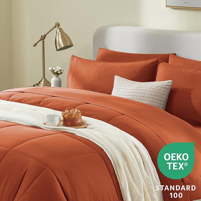CozyLux King Size Comforter Set Terracotta, 7 Pieces Bed in a Bag, Burnt Orange Fall Comforter King Size, All Season Bedding Sets with Stitch Quilted Comforter, Flat Sheet, Fitted Sheet, Pillowcases