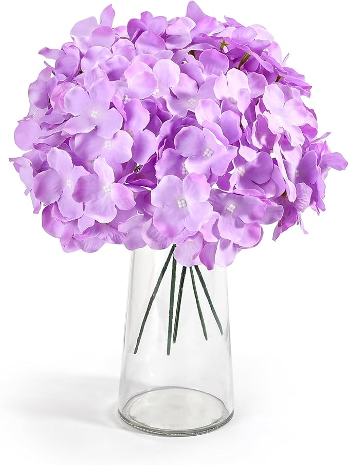 Auihiay 64pcs Hydrangea Artificial Flowers, Purple Artificial Hydrangea Flowers, Silk Hydrangea Heads with Stems for Garden, Home Party Baby Shower DIY Wedding Centerpiece (Purple)