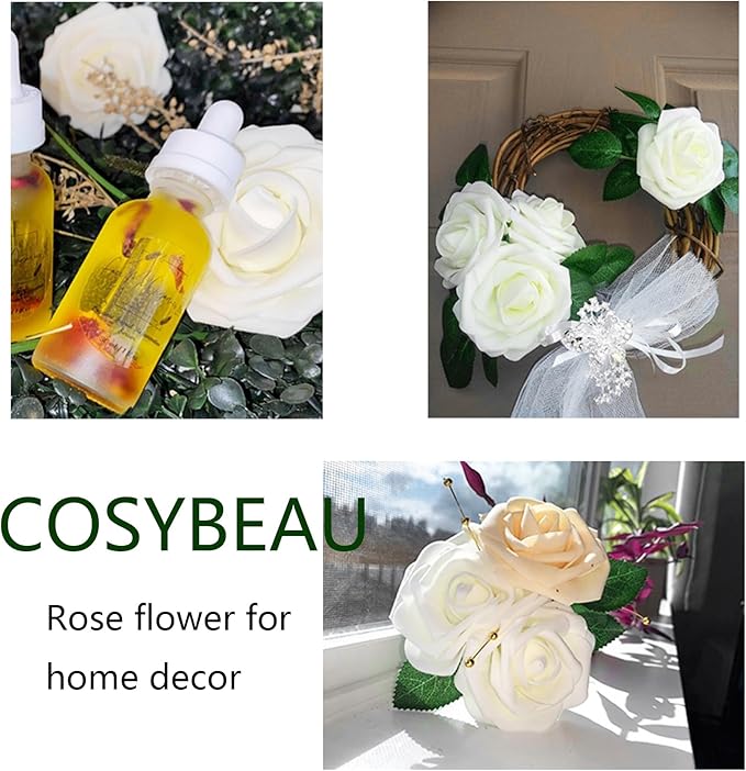 25 PCS Ivory Artificial Flowers Fake Roses with Stem, Fake Rose for Crafts Bouquets for DIY Wedding Decorations Centerpieces Arrangements Party Home Cofe Decor