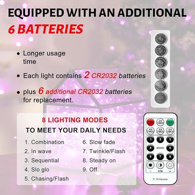 6PCS Fairy Lights Battery Powered with Remote, 7ft 20LEDs Pink Twinkle Mini Lights with Timer, Waterproof Small Silver Wire Firefly Starry for DIY Wedding Party Christmas