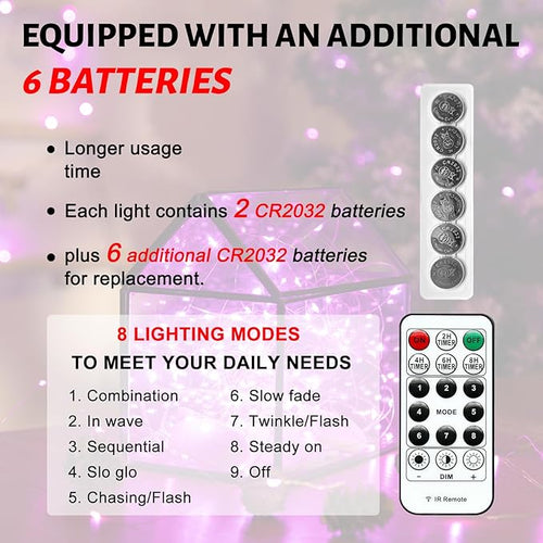 6PCS Fairy Lights Battery Powered with Remote, 7ft 20LEDs Pink Twinkle Mini Lights with Timer, Waterproof Small Silver Wire Firefly Starry for DIY Wedding Party Christmas