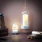 5" & 4" Wide Versatile Metal Candle Holder in Shabby White with Handmade Thick & Sturdy Glass Dome Cover for Pillar Candle & Plants, Farmhouse, Shabby Chic Style (2, White Shabby, Large & Small)