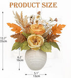Artificial Fall Floral Centerpiece with Vase, Fake Flowers for Autumn Table Decorations, Silk Rose & Maple Leaves Arrangement, Rustic Cement Vase Harvest Decor for Dining Table, Kitchen, Living Room