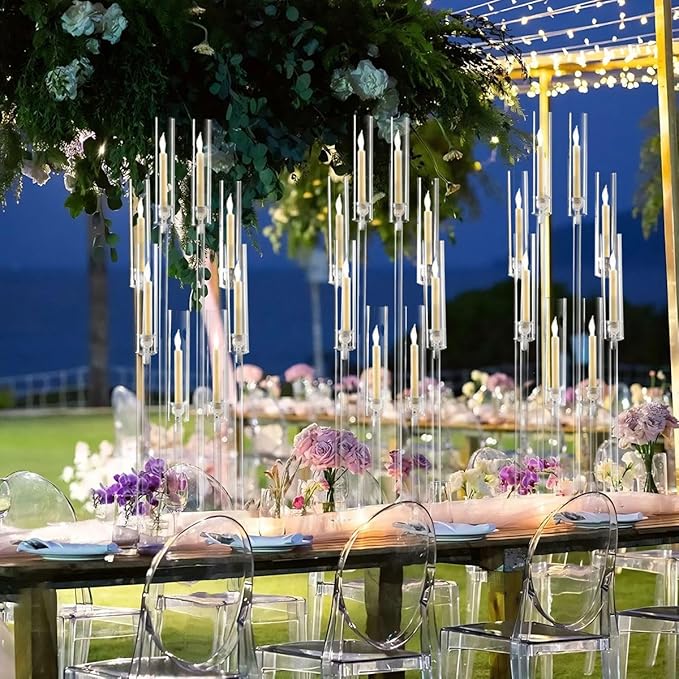 2PCS Acrylic Candelabra Centerpieces,Tall Clear Floor Candelabra for Wedding 8 Arm Candle Holder with Acrylic Shade Circular Base for Party Table Decoration Fit 0.87 LED Candle