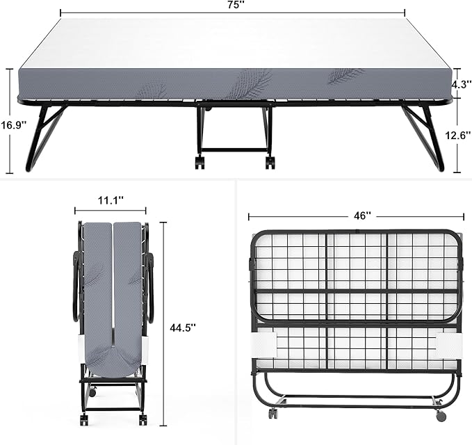 Karcog Folding Bed with Mattress, Storage Cover Included, 46 Inch Extra Rollaway Guest Bed for Adults, with Memory Foam Mattress and Sturdy Metal Frame on Wheels, 75" x 46"