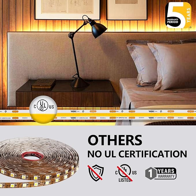 EMITEVER COB LED Strip Lights Warm White, 3000K Tape Light 16.4FT Premium High Density, DC 24V, 300+Lumens/ft,2400LEDs/Spool, Ra 90+, 3W/ft, UL Listed 5 Year Warranty (Power Supply Sold Separately)