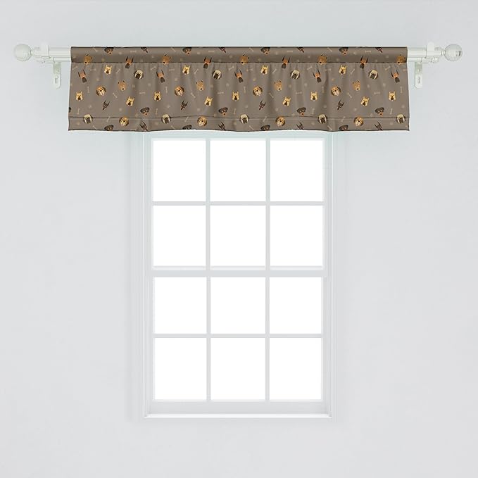 Ambesonne Dog Lover Window Valance, Repetitive Pattern of Pet Heads Paw Prints and Bones, Curtain Valance for Kitchen Bedroom Decor with Rod Pocket, 42" x 12", Taupe