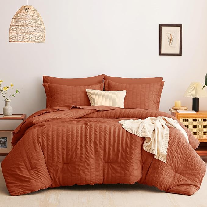 CozyLux Queen Comforter Set Burnt Orange Seersucker 7 Pieces Bed in a Bag Queen Comforter Set with Sheets Terracotta Luxury Bedding Set with Down Alternative Comforter, Sheets, Pillowcases & Shams