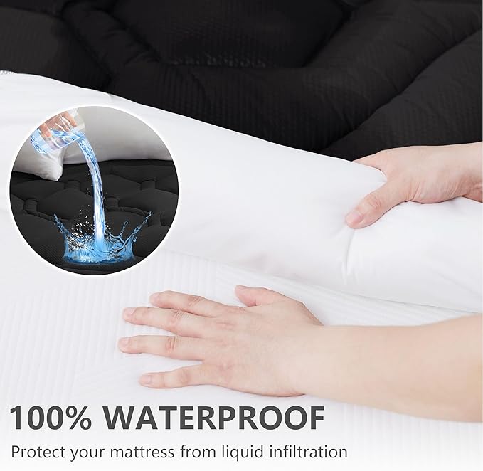 Full Size Mattress Pad Waterproof, Cooling Mattress Topper for Double Bed, Pillow Top Quilted Fitted Mattress Protector Cover with 8-21" Deep Pocket (54x75 inch, Black)