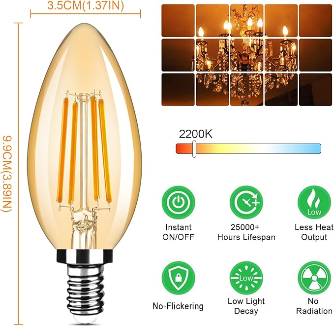 6-Pack Dimmable E12 LED Candelabra Bulbs 40Watt Equivalent, 2200K Amber Warm White, 380Lumens, 4W B11 Amber Chandelier Light Bulbs, LED Filament Clear Glass Candle Lamp for Ceiling Fan Home Decor