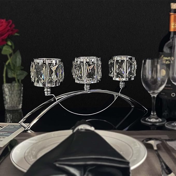 3 Arms Crystal Candle Holders, Arch Candlestick Table Candelabras Centerpieces for Wedding, Dinning Room, Cabinet Ornaments, Home Decoration， Gift (3-arm Arched, Silver)