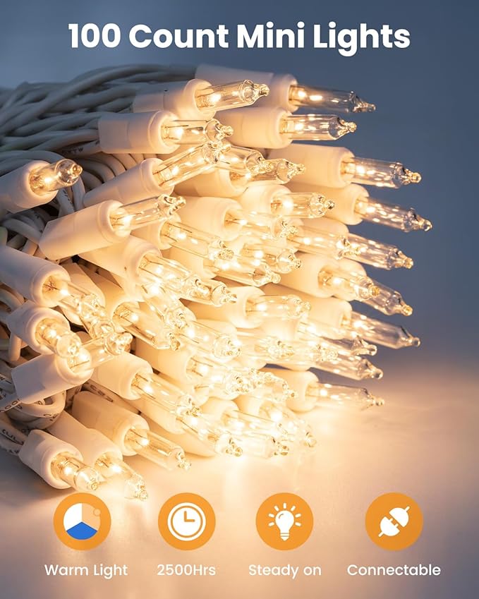 Minetom Clear Christmas String Lights 100 Count 26.5 Feet Incandescent Bulb Mini Lights for Indoor Xmas Tree Garland Birthday Wedding Party Festival Decoration, 2 Pack White Wire