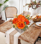 Flower Arrangement with Wooden Vase 8" Artificial Flowers in Pot - Fake Flowers Roses Peonies Hydrangeas in Wooden Vase Potted Artificial Flower Centerpieces for Table Decor Living Room - Burnt Orange