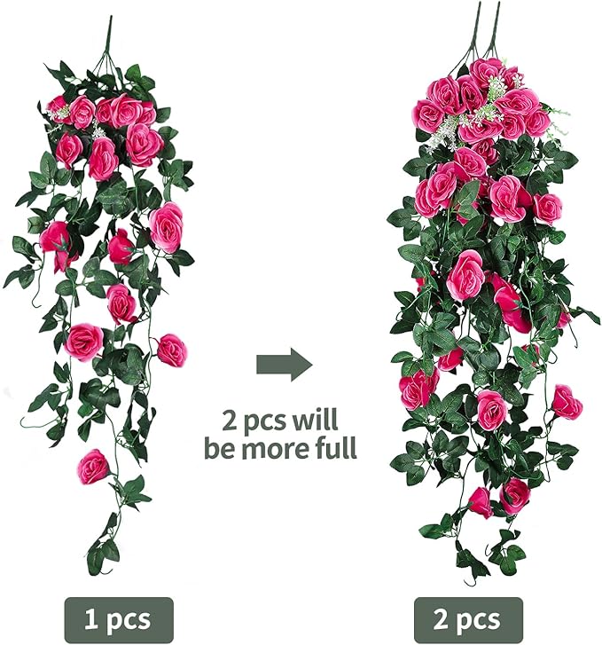 RECUTMS Artificial Rose 4Packs Fake Hanging Flower Faux Ivy Vine Plants for Home Window Garden Office Patio Planter Pathway Front Porch (Rose Red)