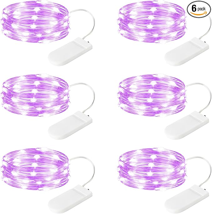 6 Pack LED Fairy Lights 7ft Battery Powered Waterproof Silver Wire 20 Led Mini String Mason Jar Lights for DIY Wedding Party Bedroom Patio Easter Christmas (Purple)