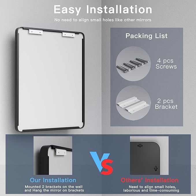 ISKM Black Bathroom Mirror for Wall 40" x 38" Matte Black Framed Vanity Mirror, Shatter-Proof, Tempered Glass, Rounded Rectangle Mirror(Horizontal/Vertical)