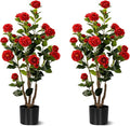 Artificial Camellia Tree 2 Pack, Artificial Plants Outdoor Faux Floral Plant in Cement Pot Fake Red Silk Camellia Tree Plants for Home House Living Room Office Decor (Red (2 Pack))