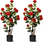 Artificial Camellia Tree 2 Pack, Artificial Plants Outdoor Faux Floral Plant in Cement Pot Fake Red Silk Camellia Tree Plants for Home House Living Room Office Decor (Red (2 Pack))