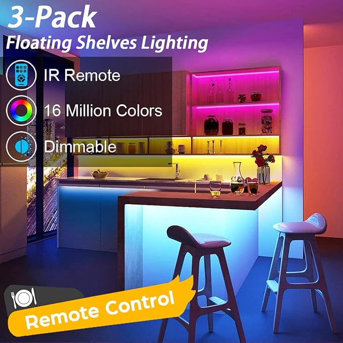 Battery Powered LED Strip Lights, Wireless RGB LED Strip Lights with 24 Keys Remote Control, 20 inch x 3 Pack for Kitchen Under Cabinet Lighting, Shelves, Under Counter, Closet, Cordless Click Light