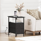 HOOBRO End Table with Charging Station, Narrow Side Table, Nightstand with 2 Non-Woven Drawers, Slim Sofa Side Table, for Small Spaces, Living Room, Bedroom, Black BB486UBZ01