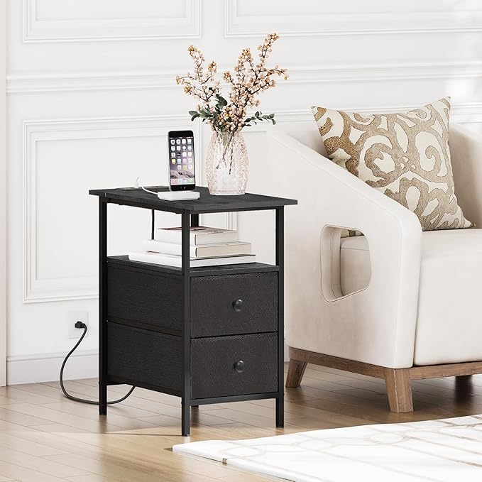 HOOBRO End Table with Charging Station, Narrow Side Table, Nightstand with 2 Non-Woven Drawers, Slim Sofa Side Table, for Small Spaces, Living Room, Bedroom, Black BB486UBZ01