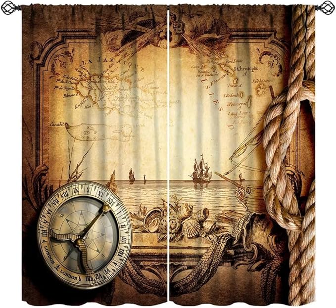 Pirate Map Curtains, Nautical Theme Old Ancient Treasure Map Secret Sea History Pattern Blackout Window Drapes for Kids Boys Bedroom Living Room 42x63in