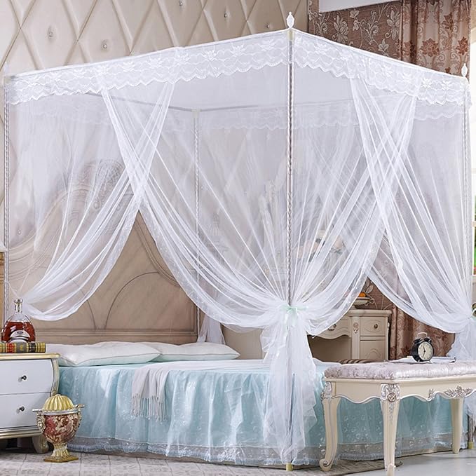 4 Corners Canopy Bed Curtains Canopy Bed Netting Canopies for Girls Princess Adults Bed (King, White)