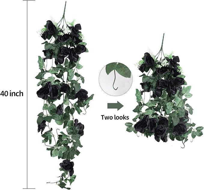 RECUTMS Flowers Artificial Hanging Plants 2PCS 3.3Ft Rose Vine for Home Room Garden Wedding Indoor Outdoor Decoration (Black)