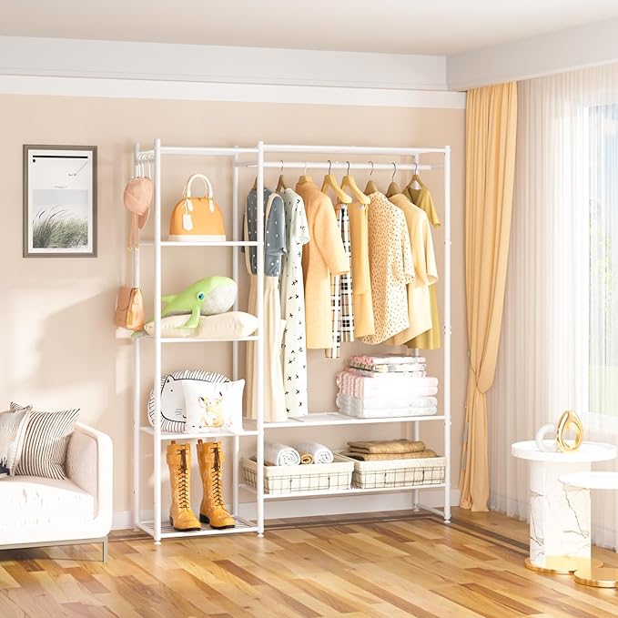 Neprock Clothing Racks for Hanging Clothes with Shelves, Portable Closet System Organizer Garment Rack for Clothes Storage, Metal Free Standing Wardrobe Clothes Organizer(White)