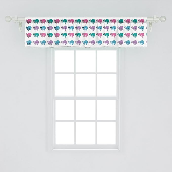 Ambesonne Funny Sloth Window Valance Pack of 2, Colorful Art Repeating Lazy Animal on Plain Backdrop, Rod Pocket Curtain Valances for Kitchen Bedroom, 54" X 12", Dark Seafoam Pink