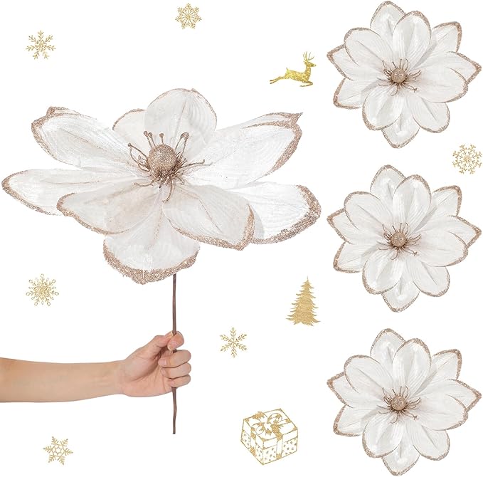 8 Pcs Large Christmas Flower Magnolia Flowers Christmas Tree Decoration Artificial Poinsettia Stems Velvet Xmas Ornaments for Xmas Tree Table Decor(White,16 Inch)