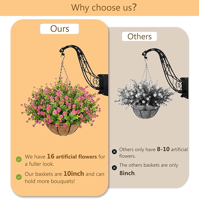 Artificial Hanging Flowers Basket for Outdoor, 16 Fake Flowers Look Real UV Resistant, Faux Hanging Plants for Porch, Balcony, Patio, Garden, Spring Summer Decor,Pink