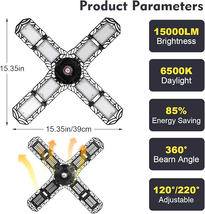 4 Pack LED Garage Light, Super Bright Screw in E26/E27 Ceiling Shop Work Lamp, 200W 20000 Lumen Deformable Basement Bulb Fixture with 8 Adjustable Panels