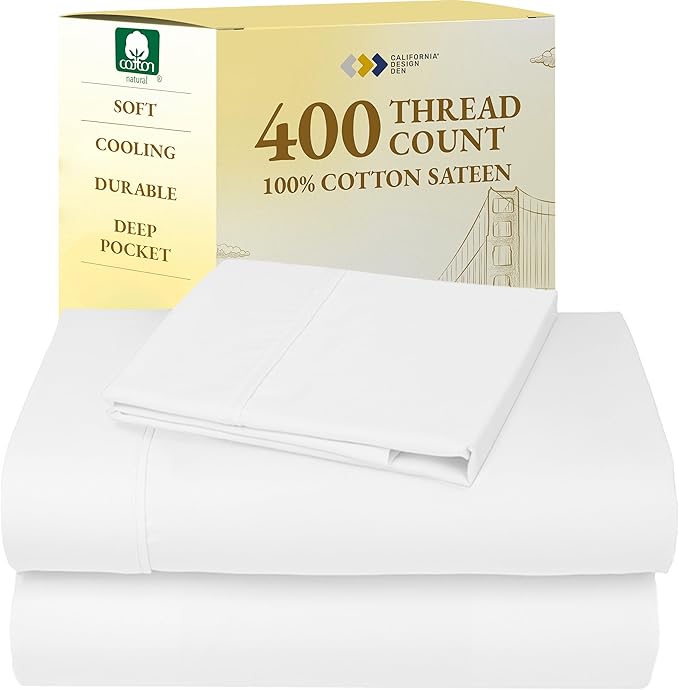 California Design Den Natural 100% Cotton Sheets, Twin Sheets Set, 400 Thread Count Sateen Bedding for Dorm Rooms & Adults, Deep Pockets with All Around Elastic, Cool & Durable - Antique White