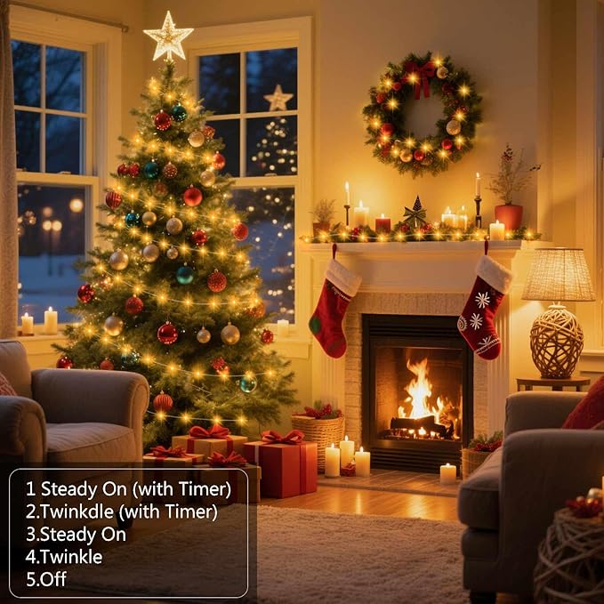 4 Pack Timer Fairy Lights Battery Operated 16.4Ft 50 LEDs Silver Copper Wire Christmas Twinkle Lights with 5 Lighting Modes for Indoor Outdoor Wedding Holiday Yard Decorations (Warm White)