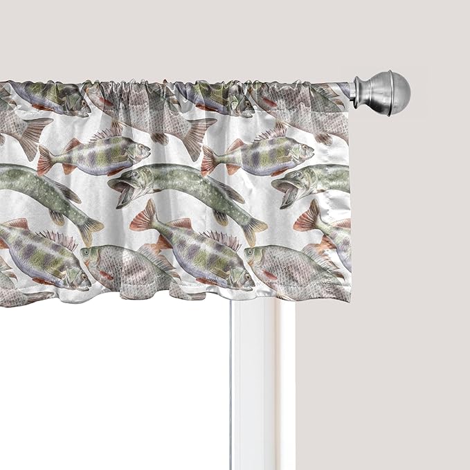 Ambesonne Fishes Window Valance, Watercolor Common Carp Perch and Bass Freshwater Animals Themed Seafood Drawing, Curtain Valance for Kitchen Bedroom Decor with Rod Pocket, 54" X 18", Pale Blue Grey