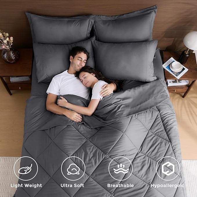 HEVUMYI Twin Comforter Set - 5-Piece All Season Bed in a Bag Twin, Ultra Soft Bedding Set with Comforter, Flat Sheet, Fitted Sheet, Pillowcases, Pillow Shams, Dark Grey