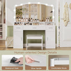 usikey 43.3” Vanity Desk with Large Mirror and Lights, Makeup Vanity with 3 Lighting Color Adjustable, Dressing Table Set with Storage Cabinet, Drawers and Chair for Girls Bedroom, White
