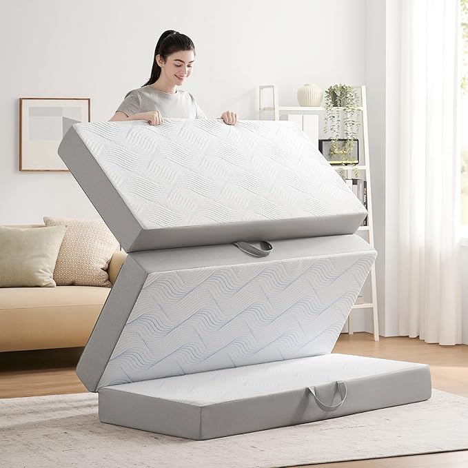 Foldable Mattress Queen 4 inch -Portable White Memory Foam Folding Matress with Washable Cover for Camping Travel Guest Room Home Use-Non-Slip&Easy Storage